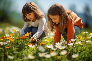 Cheerful kids hunt for easter eggs in vibrant meadow surrounded by luxuriant foliage