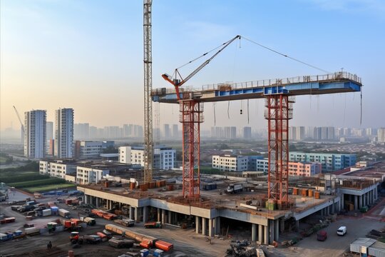 Construction crane operating at a construction site beside an unfinished tall building