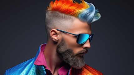 Portrait of bearded middle age model man with colorful stylish hair. Hair color for men. Hair style for men. Man with stylish beard - Powered by Adobe