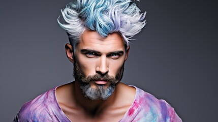 Portrait of bearded middle age model man with colorful stylish hair. Hair color for men. Hair style for men. Man with stylish beard