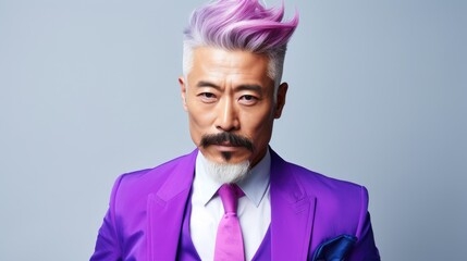 Portrait of Japanese bearded age model man with colorful stylish hair. Hair color for middle aged men. Hair and beard style for men