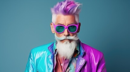 Portrait of bearded age model man with colorful stylish hair. Hair color for men. Hair style for old men