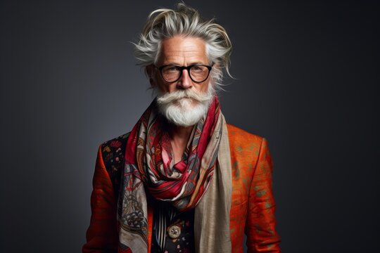 Portrait of a stylish senior man with glasses and a colorful scarf.