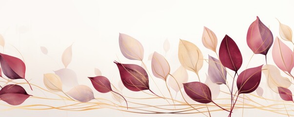 Abstract botanical background with tree branches and leaves in line art. Ruby and golden leaf, brush, line, splash of paint