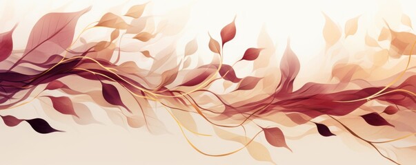 Fototapeta na wymiar Abstract botanical background with tree branches and leaves in line art. Ruby and golden leaf, brush, line, splash of paint
