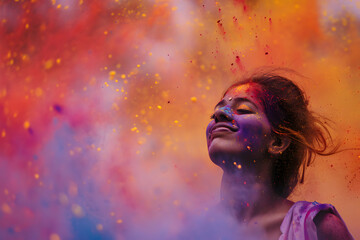 Young Woman Celebrating Holi, enjoying the colorful clouds of holi powder, hindu festive in India 