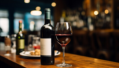 Luxury wine bottle on table in elegant bar, generated by AI