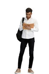 a man on a white background in full height writing with suite