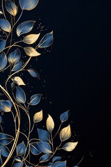 Abstract botanical background with tree branches and leaves in line art. Navy and golden leaf, brush, line, splash of paint