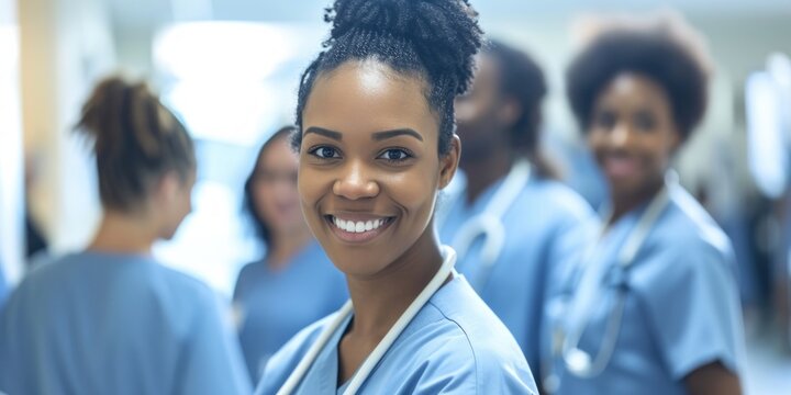 African American team of nurses working together in a busy hospital