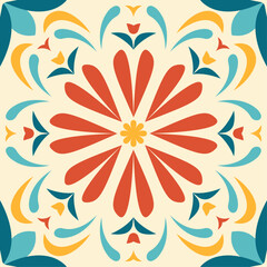 Ceramic tiles in a traditional style, adorned with floral and leaf patterns, display a vibrant Mexican floral mosaic featuring lively red, yellow, and green hues.