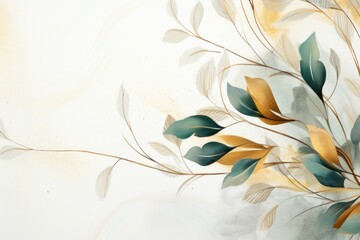Abstract botanical background with tree branches and leaves in line art. Rust and golden leaf, brush, line, splash of paint