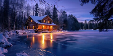 log cabin by a frozen lake with ice skates on the porch - obrazy, fototapety, plakaty