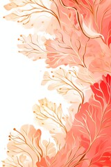 Abstract botanical background with tree branches and leaves in line art. Vermilion and golden leaf, brush, line, splash of paint