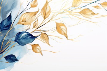 Fototapeta na wymiar Abstract botanical background with tree branches and leaves in line art. Azure and golden leaf, brush, line, splash of paint