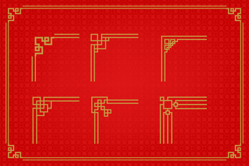 Chinese frame or border set on red background. traditional asian ornaments, golden oriental