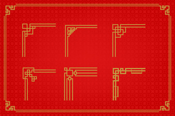 Chinese frame or border set on red background. traditional asian ornaments, golden oriental