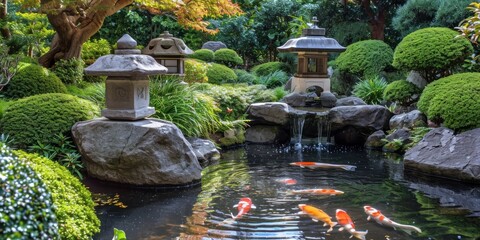 Japanese garden with a koi pond and stone lanterns - obrazy, fototapety, plakaty
