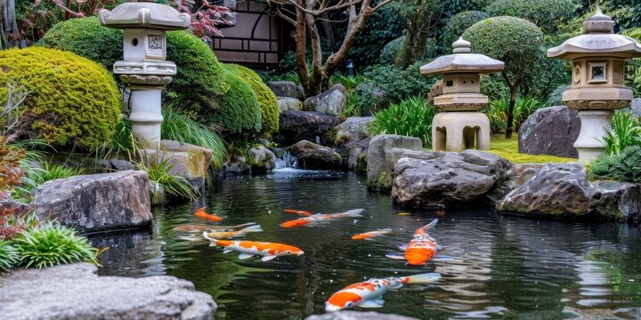 Japanese garden with a koi pond and stone lanterns