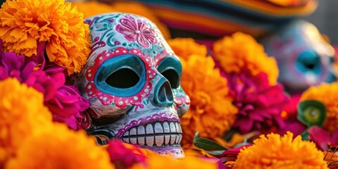 colorful Dia de los Muertos celebration with masks and marigolds
