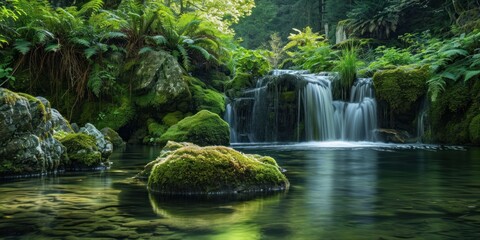 tranquil forest glade with a small waterfall and mossy rocks