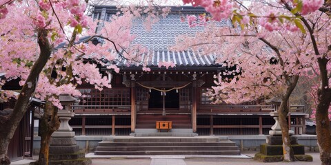 A serene Buddhist temple with cherry blossoms in full bloom