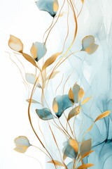 Abstract botanical background with tree branches and leaves in line art. Cobalt and golden leaf, brush, line, splash of paint