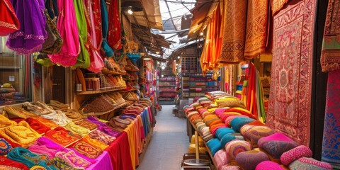 Fototapeta na wymiar A vibrant Indian marketplace with colorful fabrics and spices on display