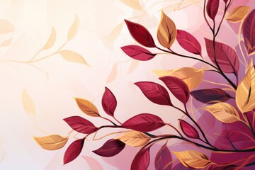 Abstract botanical background with tree branches and leaves in line art. Burgundy and golden leaf, brush, line, splash of paint