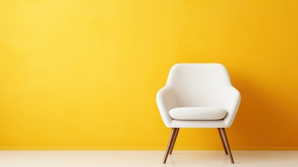 Modern white velour chair on wooden legs isolated on yellow background copy space. AI generated image - obrazy, fototapety, plakaty