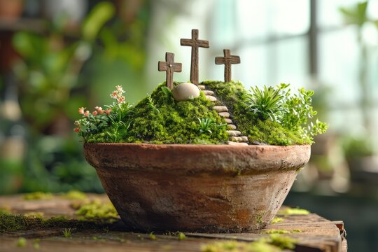 A miniature Easter Resurrection garden featuring wooden crosses, vibrant flowers, and greenery, celebrating the Christian festival of resurrection..