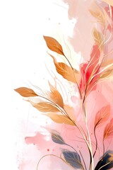 Abstract botanical background with tree branches and leaves in line art. Peach and golden leaf, brush, line, splash of paint 