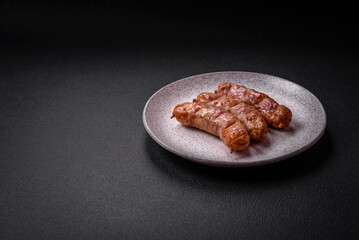Delicious juicy grilled chicken or pork sausages with salt, spices and herbs