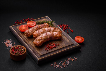 Delicious juicy grilled chicken or pork sausages with salt, spices and herbs