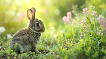 Fototapeta premium Bunny in a spring meadow with soft sunlight filtering through