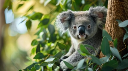 Obraz premium Koala clinging to a tree among eucalyptus leaves