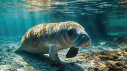 Manatee resting at the sea bottom with clear water