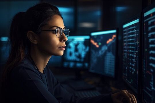 A Portrait of a Female Computer Programmer Deep in Thought, Surrounded by Multiple Monitors Displaying Complex Code in a Modern Tech Office