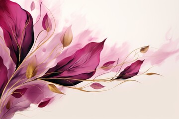 Fototapeta na wymiar Abstract botanical background with tree branches and leaves in line art. Magenta and golden leaf, brush, line, splash of paint