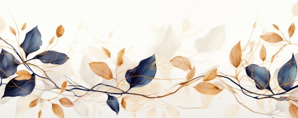 Abstract botanical background with tree branches and leaves in line art. Crimson and golden leaf, brush, line, splash of paint