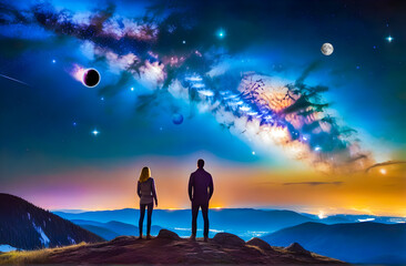 Man and Woman looking at blue sky while Galaxy effects appears on sky at evening and also some planets and moon on the sky and beautiful sunlights from east