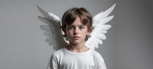 Portrait of cupid. Little Valentine' s day angel boy with wings