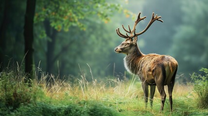 Naklejka na ściany i meble Majestic deer standing in a misty forest clearing