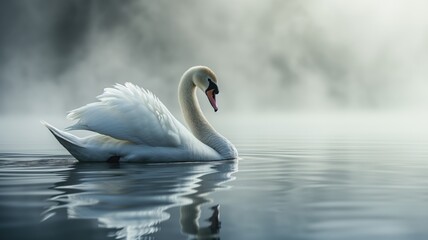 Obraz premium Swan floating peacefully on a serene misty lake