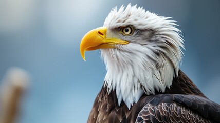 Obraz premium Close-up of a bald eagle with a sharp yellow beak against a blue sky