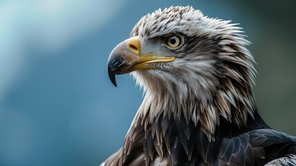 Obraz premium Bald eagle staring intensely with a blurred blue background