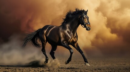 Galloping horse with a dramatic orange sky backdrop
