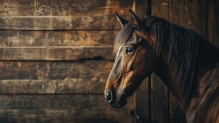 Close-up of a horse's head against a rustic wooden background