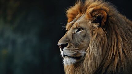 Fototapeta premium Majestic lion with a steady gaze, profiled against a dark background