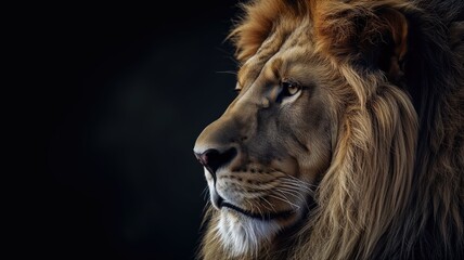 Naklejka premium Majestic lion profile with a dark, moody background